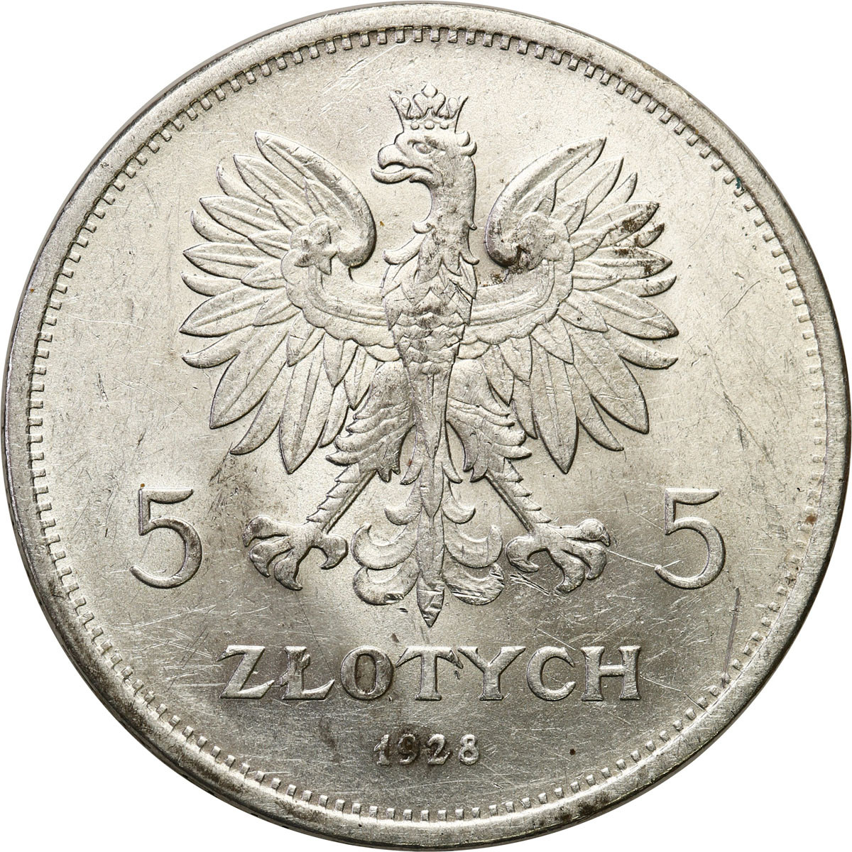 II RP. 5 złotych 1928 Nike ze znakiem mennicy - PIĘKNA